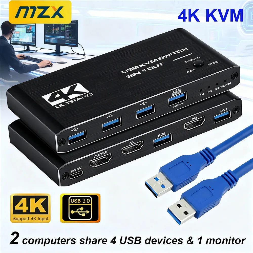 KVM Switch 4K 60Hz Switcher USB 3.0 Hub Docking Station Splitter Dock 2 Computers Share Keyboard Mouse Printer PC Accessories Secondary image