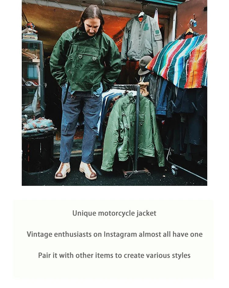 Swedish motorcycle jacket, men's retro military green casual cropped jacket, 100% cotton canvas workwear asymmetric safari style