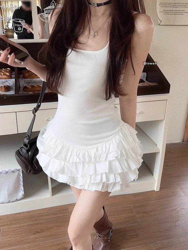 Chic Y2K Sleeveless Mini Dress For Woman Summer Black Dresses Sexy Clubwear Party Slim fit Ruffle Pleated Short Dress
