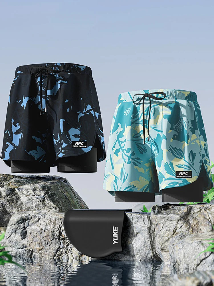 Adult Swimming Trunks Men Boxer Brief Swimsuit Set New Beach Adult Beach Shorts Quick Drying Surf Trunks with Lining Swim Pants