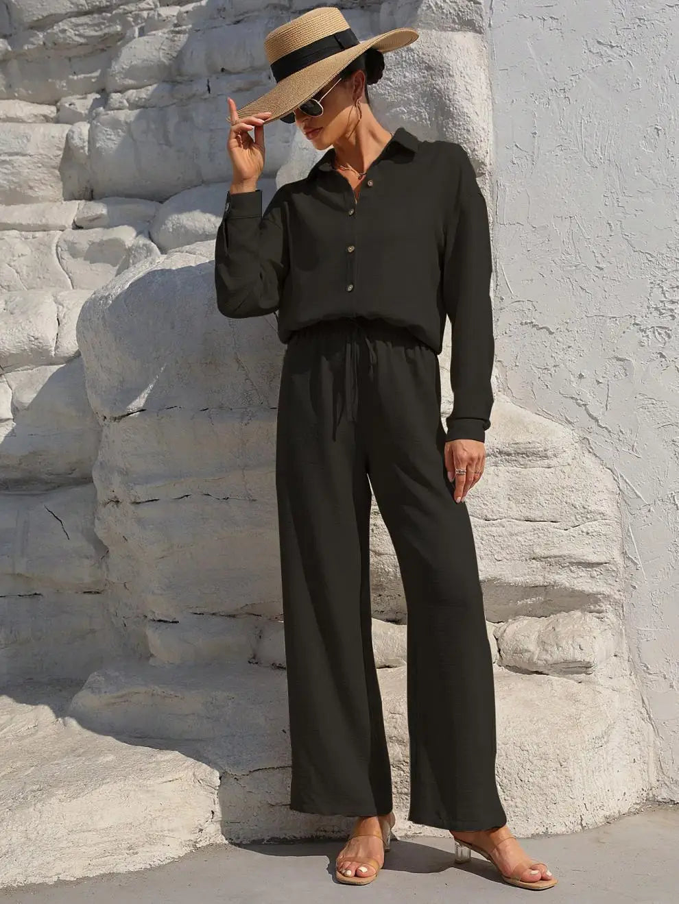 Plus Size Casual Loose Two-Piece Set Wide Leg Pants Long Sleeve Shirt Light Beige Street Style Elegant Quality Polyester Summ...
