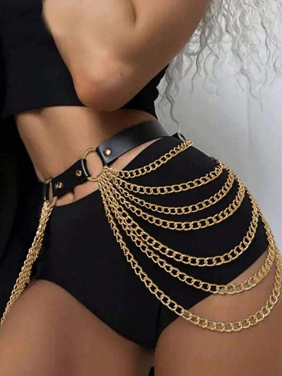 Gothic Punk Black PU Leather Belt with Fringe, Adjustable Harness Waist Chain for Women, Rockabilly Halloween Festival Accessory