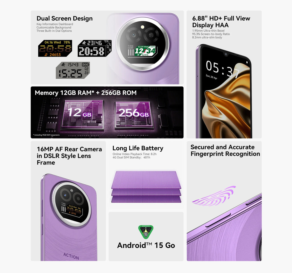 IIIF150 Action A5Pro Phone Android 15 Go Smartphone 12GB RAM 256GB ROM 6.8inch HD+ HAA Display Dual Screen Design 5100mAh Batter