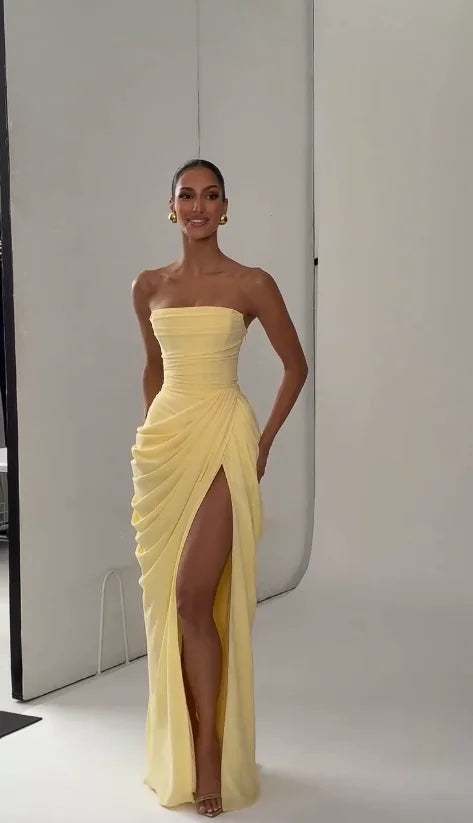 Women Solid Pleated Sexy Strapless Dress Lady Chic Off-shoulder Backless High Waist Split Dresses 2026 New Evening Party Gown
