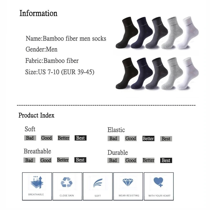 5Pairs/Men Bamboo Socks Comfortable Breathable Casual Business Men's Crew Socks High Quality Antibacterial Mid-calf SocksEU39-45