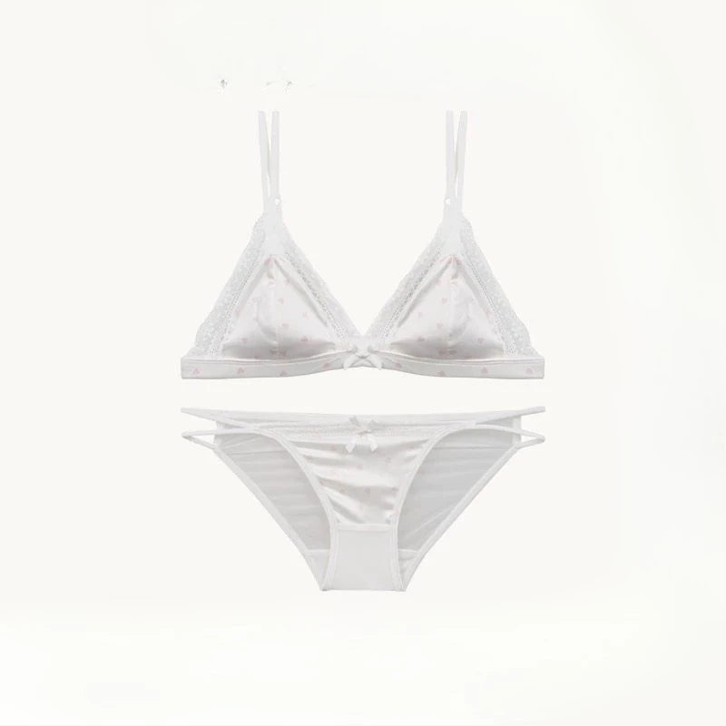 French Style Sweet Triangle Cup Lingerie Set Women Satin Lace Wireless Small Bust Gathered Thin Fabric Sexy Soft Underwear S-XL