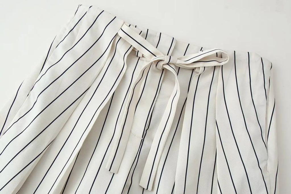 HH Women 2026 New Fashion Versatile Beige Striped Puffy Sleeve Shirt+High Waisted Loose Pleated Casual Long Pants Two Piece  Set