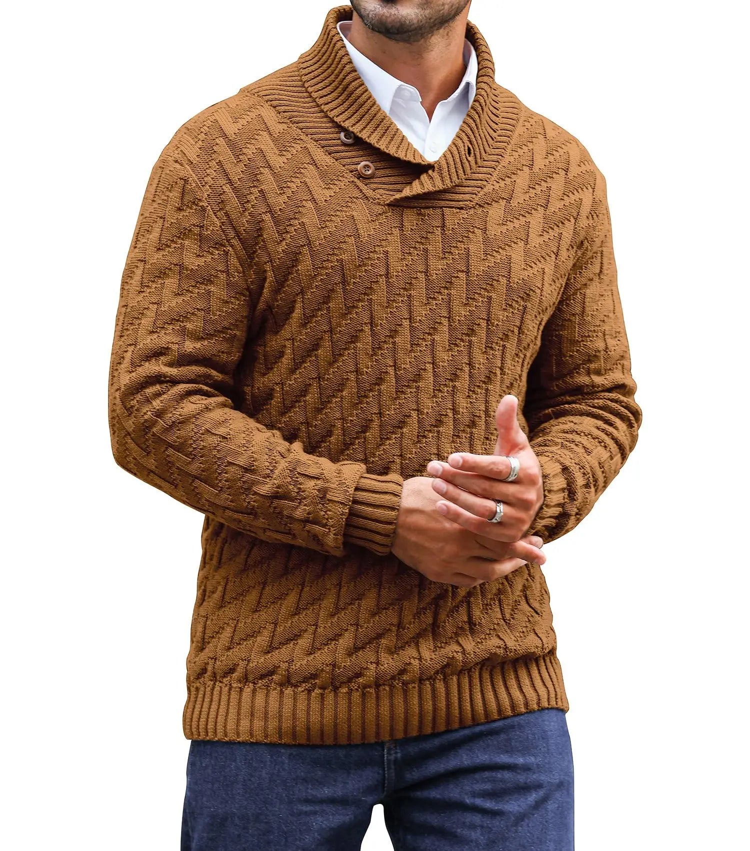 Men's Sweater Spring Shawl Collar Pullover Solid Color Sweater Casual Cable Knit Button-Up Pullover High Quality Tops US Size Main image
