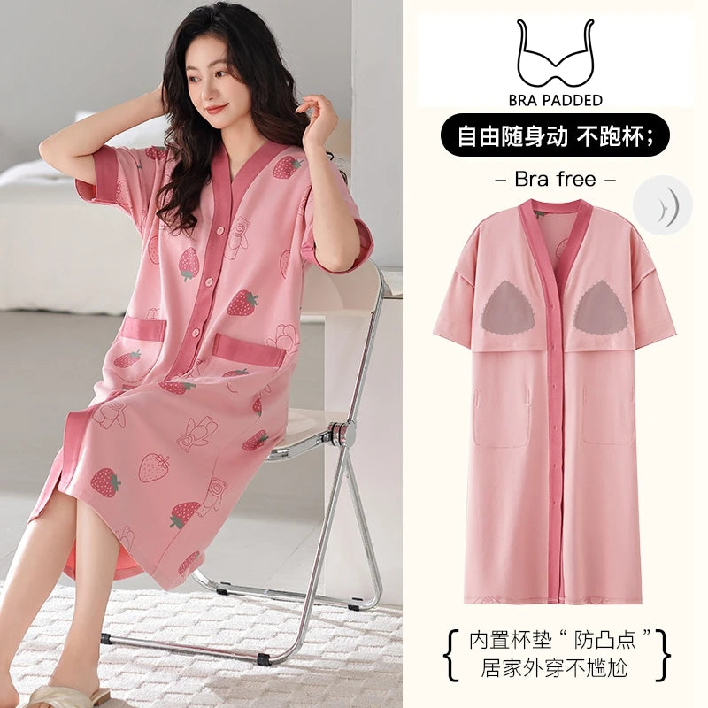 SUKAE Midi Nightdress M-5XL V-neck Bra Padded Botton Sleepshirt Plus Size Cotton Nightgowns Summer Women Short Sleeves Nightgown