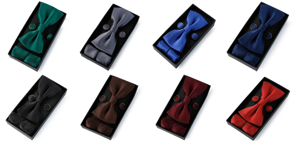 HUISHI Classic Black Bowtie Bow Ties For Mens Butterfly Bowknot Pocket Square Cufflinks Suit Set Bussiness Accessories Gift Box