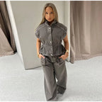 Denim Vest Loose Long Pants Woman Set High Neck Single Breasted Waist Cinched Tops High Waist Trousers Chic Casual Lady New Sets