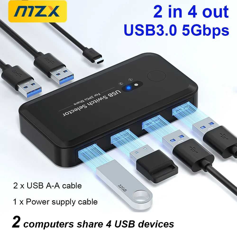 MZX USB 3.0 Switcher KM Switch Selector KVM Hub Docking Station 2 Computer Laptop PC Desktop Accessories Share Printer Keyboard Main image