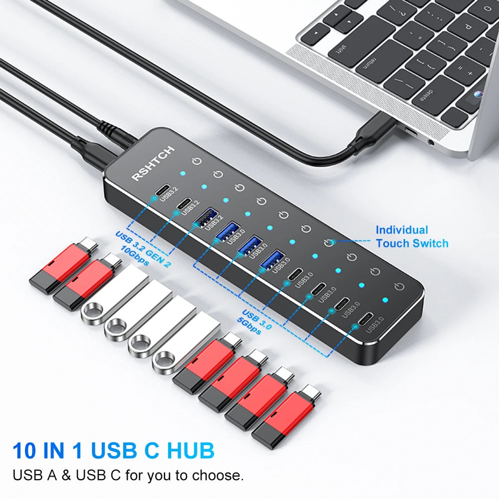 RSHTECH 10 in 1 USB C Hub 10Gbps USB-C with Individual Touch Switches Multiport Splitter Docking Station for MacBook Laptops PC Secondary image