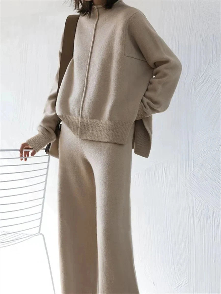 Women's Beige Oversized Knit Two-Piece Set with Half-Zip Sweater And Wide-Leg Pants Casual Loungewear
