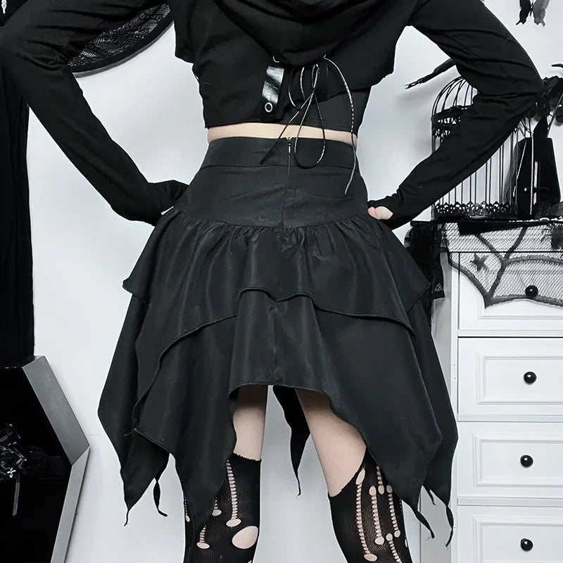 Summer Fashion Short Skirts New Sexy Women Gothic Punk Irregular Skirts Solid Color Drawstring Tie-Up Ruched Ruffles Mini Skirt