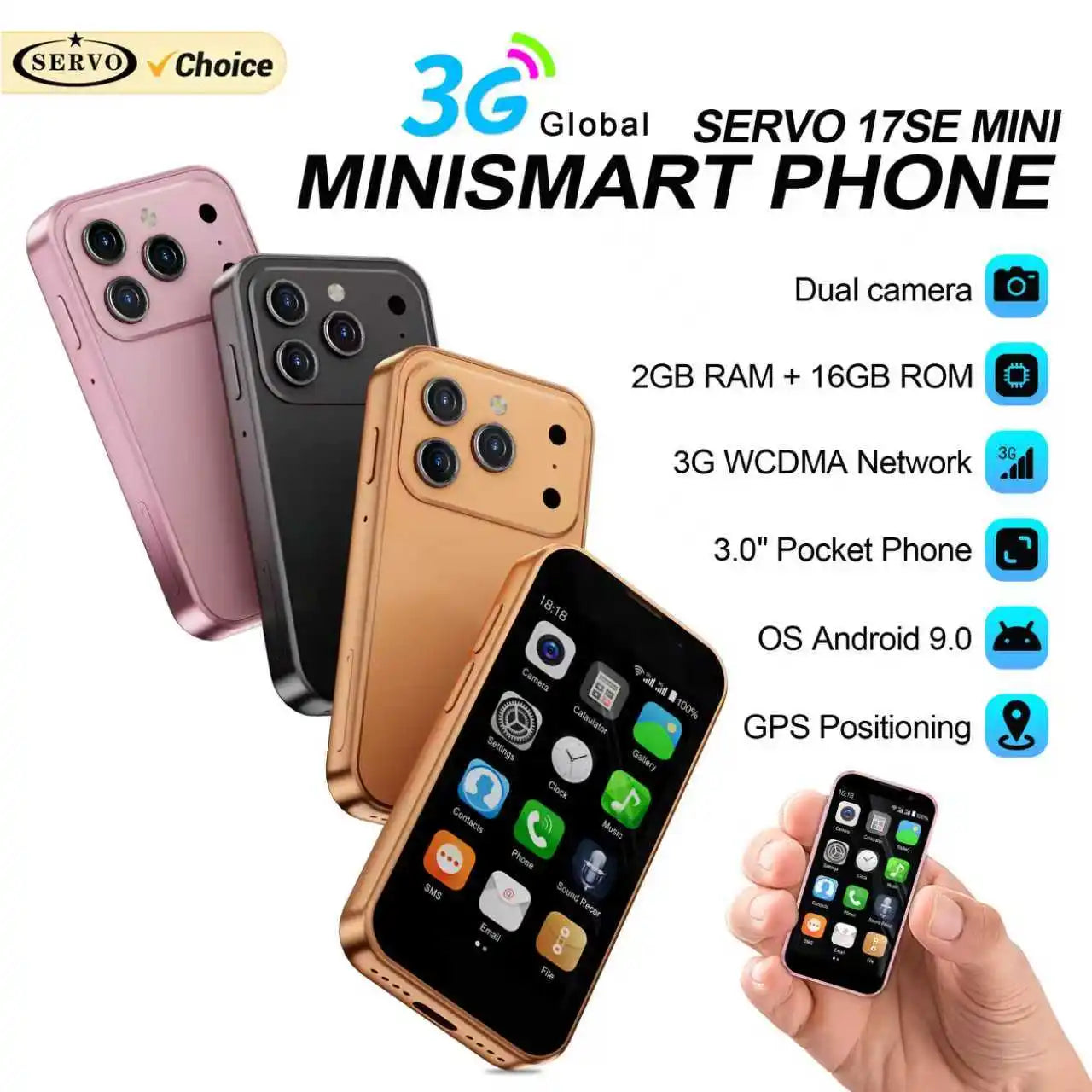 SERVO 17SE MINI 3G Tiny Smartphone Android System Play Store 2GB+16GB WhatsAPP GPS WiFi Dual SIM Card 3.0" Small Smart Cellphone Main image