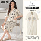 SUKAE Midi Nightdress M-5XL V-neck Bra Padded Botton Sleepshirt Plus Size Cotton Nightgowns Summer Women Short Sleeves Nightgown
