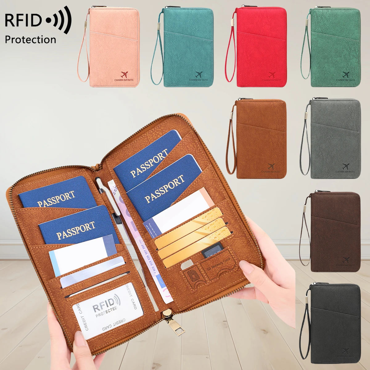 Multi-Functional RFID Blocking Passport Bag Travel Document Holder with Long Zipper Ticket Storage Wallet for Multiple Passports Main image