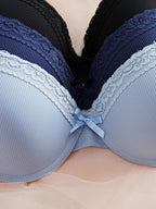 3PCS Women's Underwear Set Lace Trim Ribbed Push Up Bra Bow Comfortable Underwire Support Women's Bra