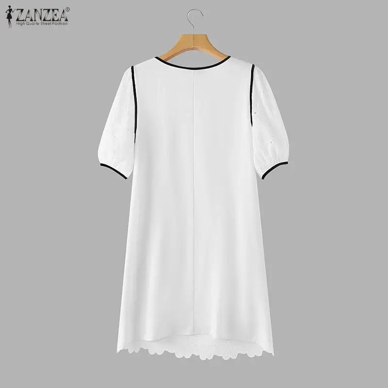 ZANZEA Summer Women's Openwork Embroidered Dresses O-Neck Half Puff Sleeve Contrast-Trim Knee-Length Dress Casual A-Line Robes