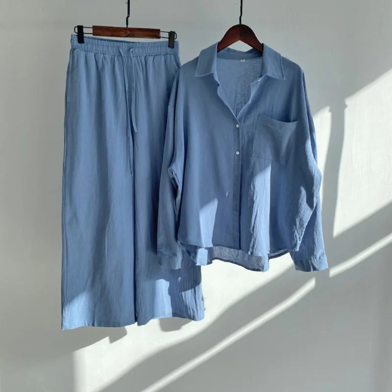 Plus Size Casual Loose Two-Piece Set Wide Leg Pants Long Sleeve Shirt Light Beige Street Style Elegant Quality Polyester Summ...