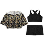 3Pcs Girls Sports Set Vest+Hooded Crop Top+Shorts Sportswear Set for Child Dance Yoga Running Cycling Workout Costume Activewear