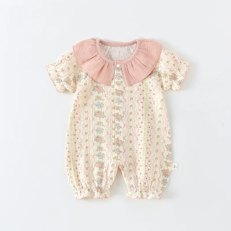 2026 Summer Baby Bodysuit Floral Print Cotton Peter Pan Collar Puff Sleeve Romper for Girls Soft Breathable Outfit