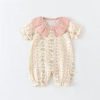 2026 Summer Baby Bodysuit Floral Print Cotton Peter Pan Collar Puff Sleeve Romper for Girls Soft Breathable Outfit