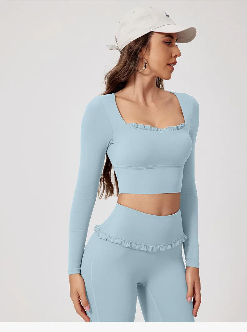 New Summer 2Pcs Women Gym Yoga Female Outfit Outdoor Sports Quick-Dry Long-Sleeved Shirt Set Woman Two-Piece Suit Sportswear