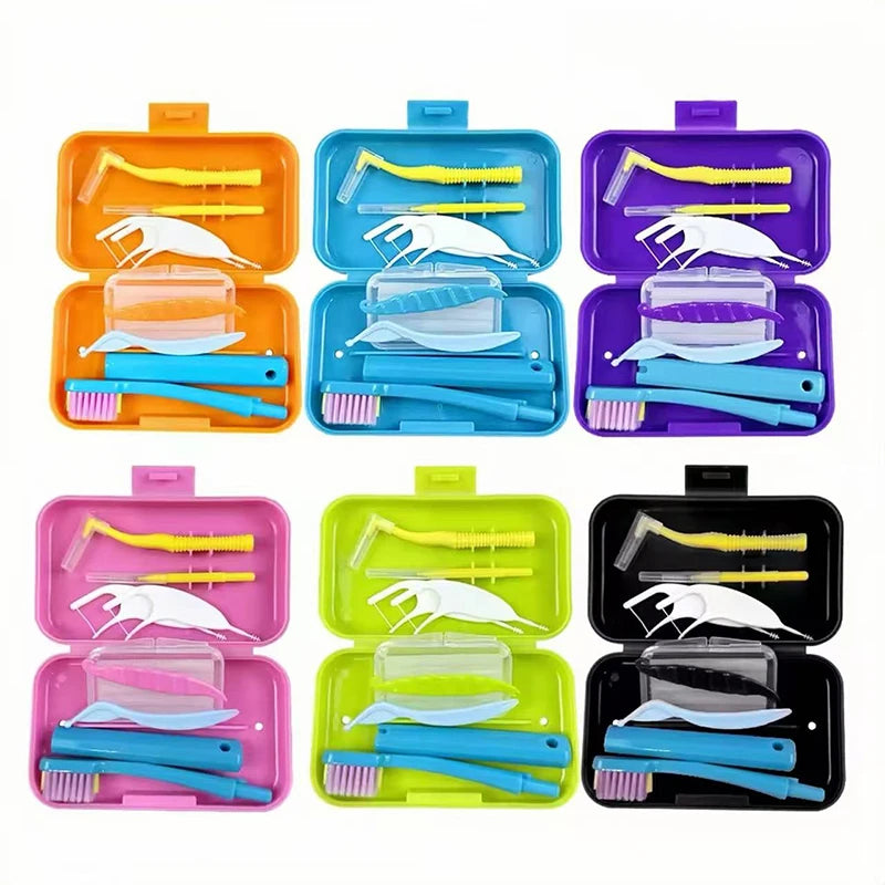 Portable Orthodontic Oral Dental Cleaning Kit Travel Foldable Toothbrush Dental Floss Interdental Brush Oral Care Cleaning Case