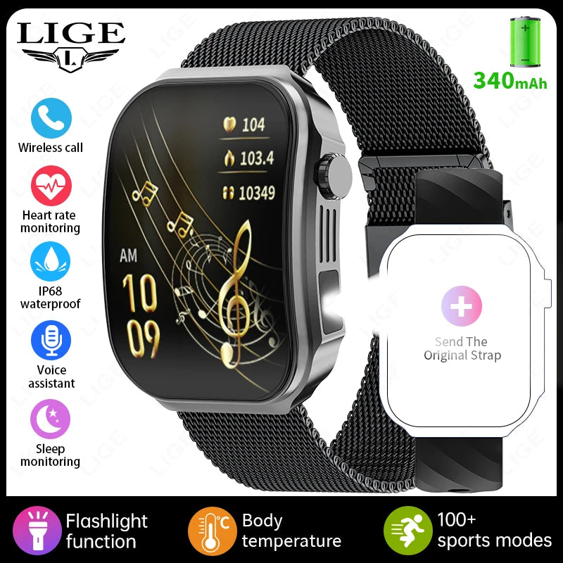 LIGE New 2.2-inch 3D Curved Screen Smart Watch With LED Light Thermometer Health Monitor Smartwatch BT Call Sports Fitness Watch