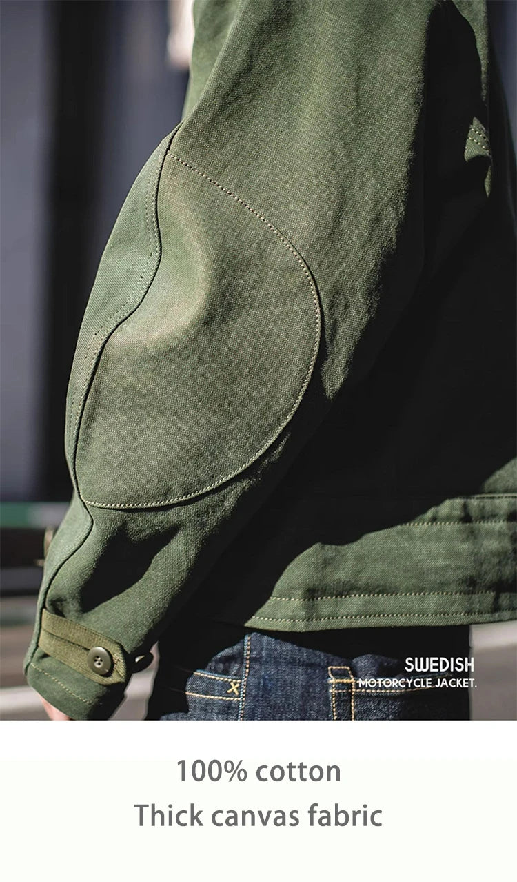 Swedish motorcycle jacket, men's retro military green casual cropped jacket, 100% cotton canvas workwear asymmetric safari style