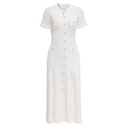 Summer Solid Round Neck Short Sleeved Office Lady Knitted Dress Women Korean Single Breasted Hollow Out Long Dress Fashion Trend