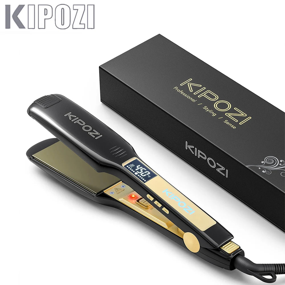 KIPOZI Professional Titanium Flat Iron Hair Straightener with Digital LCD Display Dual Voltage Instant Heating Curling Iron Main image