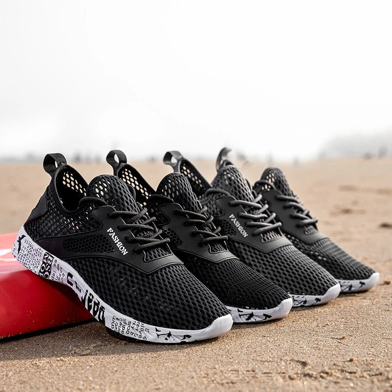 Summer Mens Black Hollow Mesh Sneakers Fashion Breathable Lightweight Casual Walking Shoes Printed Sole Outdoor Sports Footwear