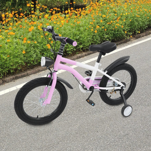 16 Inch Children's Bicycle Carbon Steel Mountain Bike with Auxiliary Wheels & LED Light for 5-8 Years Old,Height Adjustable,60Kg
