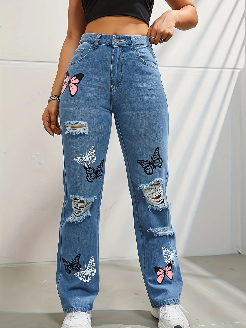 Butterfly Printing Denim Trousers Women Holes Jeans Straight Pants High Waist Loose Fit Vintage 2026 Casual Distressed Denims
