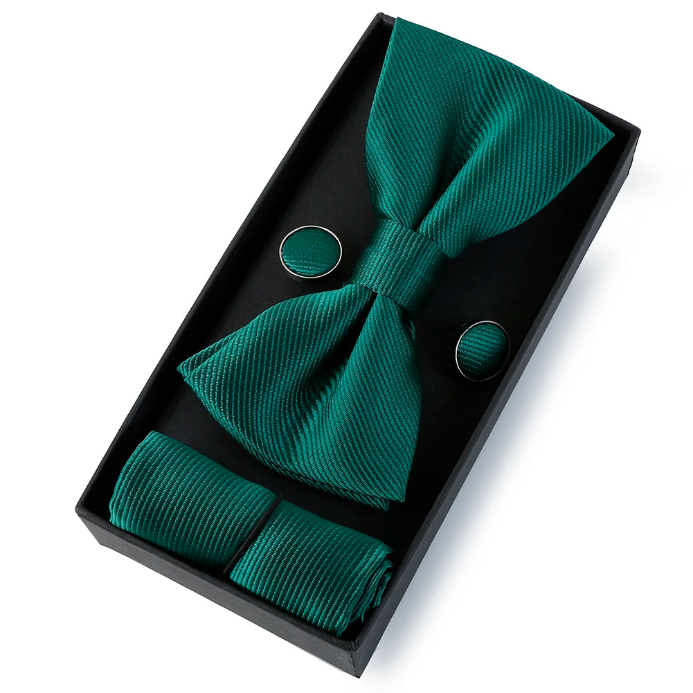 HUISHI Classic Black Bowtie Bow Ties For Mens Butterfly Bowknot Pocket Square Cufflinks Suit Set Bussiness Accessories Gift Box