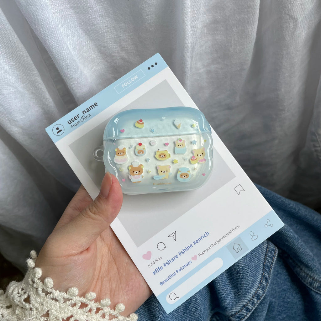 Cartoon Cake Bear Blue Wave Case for AirPods 2 3 4 ANC Cover with Keyring for Apple AirPod Pro 3 2025 Earphone Protective Cases