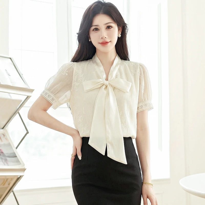 Blouses Shirts Women Blouse Shirt New Summer Bow Collar Embroidery Blouse Shirt Women Tops Short Sleeve Blusas Para Mujer Q4102
