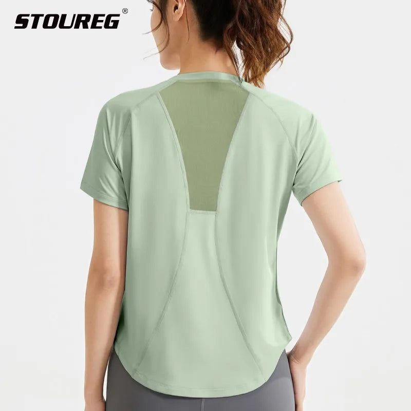 STOUREG Women's Loose Mesh Sports T Shirt Quick Dry Short Sleeve Yoga T Shirt Pilates Running Sports Fitness Short Sleeve Main image