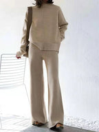 Women's Beige Oversized Knit Two-Piece Set with Half-Zip Sweater And Wide-Leg Pants Casual Loungewear