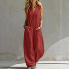Jumpsuits women 2026 rompers Double-pocket casual linen cotton sleeveless long jumpsuits women's clothing