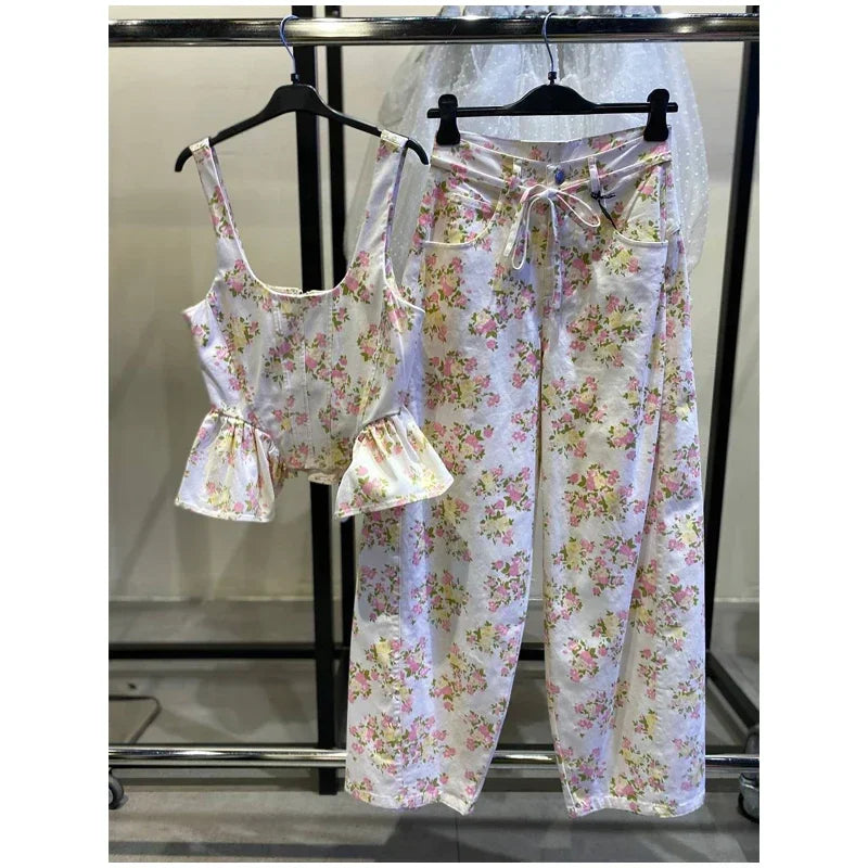 Elegant Floral Print Set Women Square Neck Sleeveless Ruffle Top Lace Up Floor Length Wide Leg Pants Sets Lady Casual Outfits