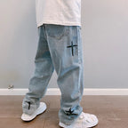 Prints Jeans Men 2023 New Streetwear Baggy Wide Leg Jeans Korean Fashion Drapes Straight Casual Loose Denim Cargo Pants