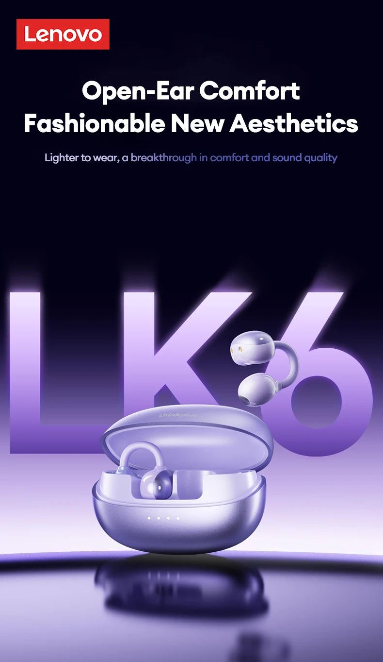 Lenovo LK6 Over Ear Wireless Bluetooth 5.4 Headphones Sound Quality Noise Reduction Ear Clip Earphones Long Endurance Earsets
