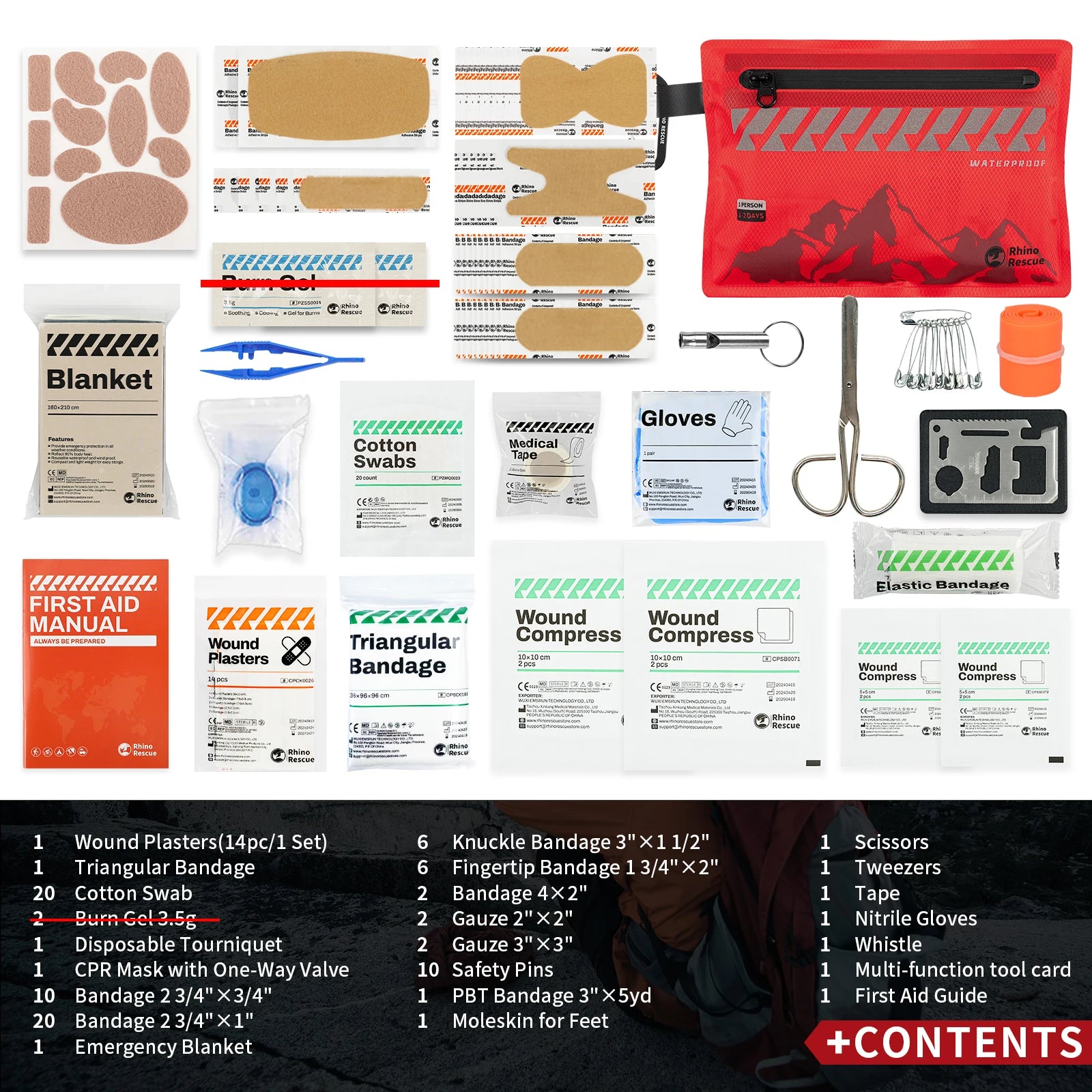 Rhino Rescue Small First Aid Kit - Ultralight Waterproof Medical Kit for Hiking Backpacking Cycling Travel Vehicles Secondary image
