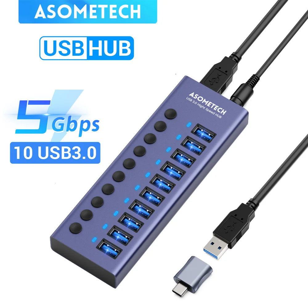 4/7/10 Ports USB 3.0 Hub Multiple Splitter 12V Power Adapter with On/off Switch USB Splitter High Speed Hub for MacBook Laptop Main image