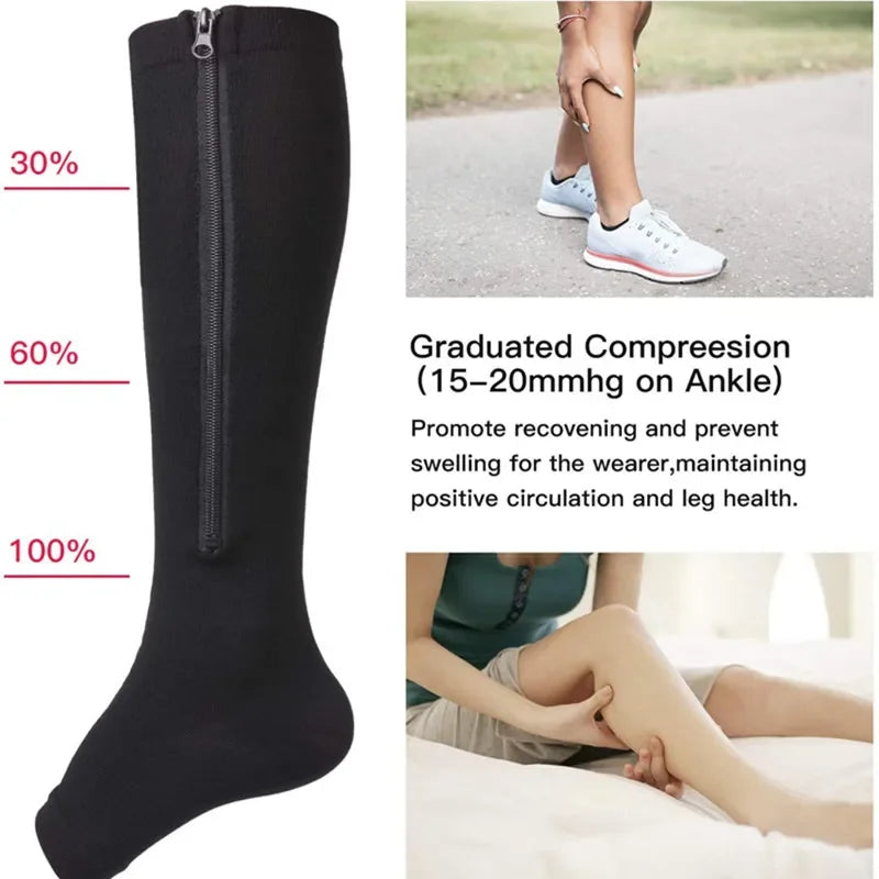 Zipper Compression Socks Men Women Knee Maternity High Socks Anti-Fatigue Stretchy Sox Outdoor Running Hiking Sports Socks