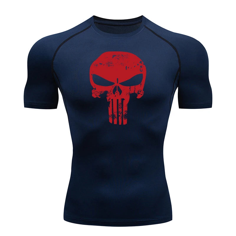 Skull Print Compression Shirts for Men Gym Workout Running Tshirts Sporty Athletic Quick Dry Tees Tops Short Sleeve Rash Guard